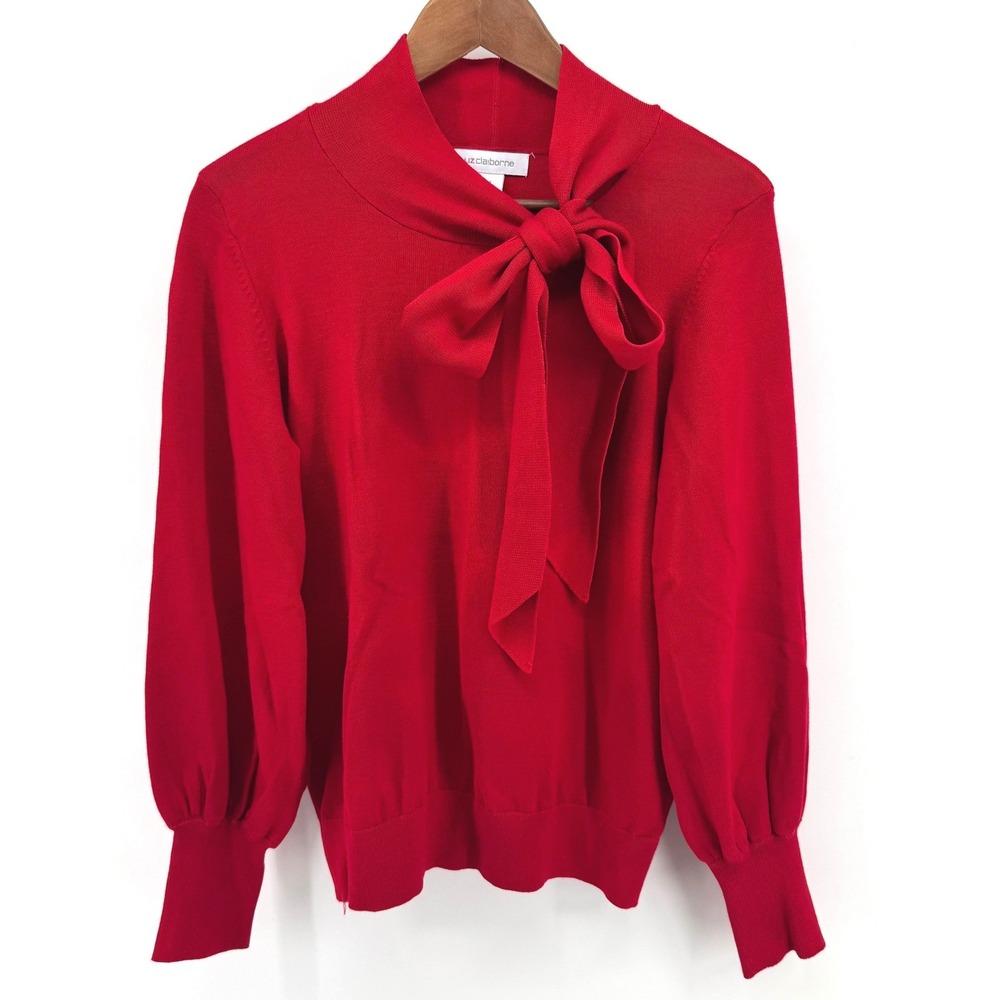 Liz Claiborne Sweater Womens Medium Red Necktie Bow Holiday Coquette Officecore